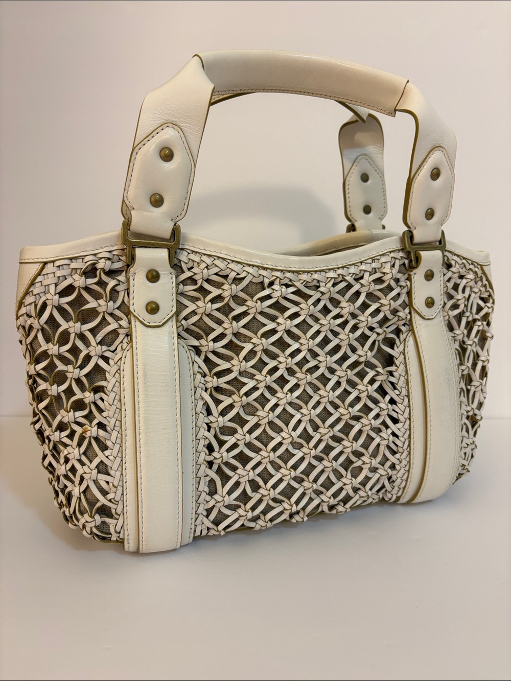 Cole Haan - *Read* Sierra Open Weave SP06 - Rare White Leather Cream Woven Tote
